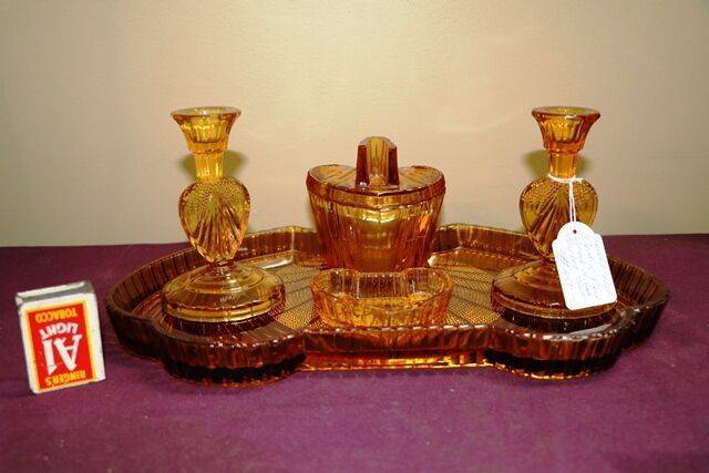 Art Deco 5 piece Amber Glass Trinket Set 