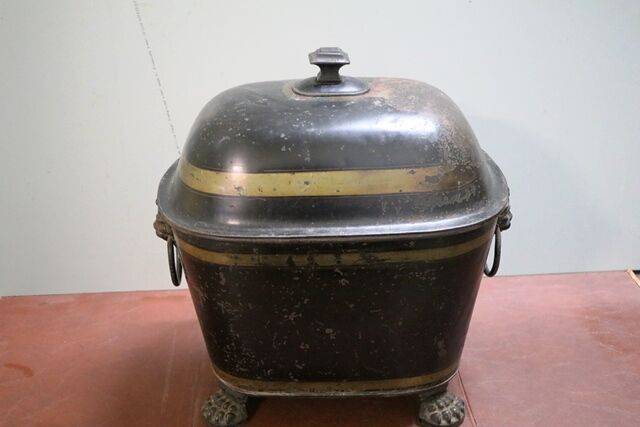 C19th Antique Toleware Coal Scuttle on Paw Feet 
