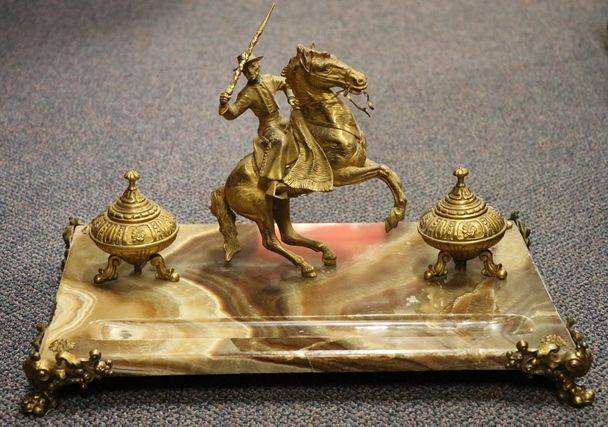 19th Century Gilt + Marble Gaucho Mounted Desk Inkstand C1880