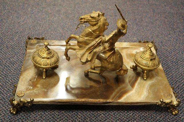 19th Century Gilt + Marble Gaucho Mounted Desk Inkstand C1880