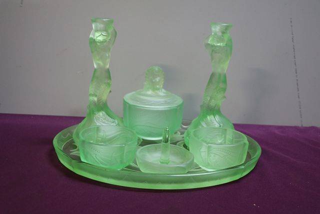 7 Pieces Art Deco Green Uranium Glass Mermaid Trinket Set C1930