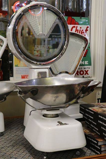 A Large Set Of White Enamel And Mirrored Avery Shopkeepers Scales 