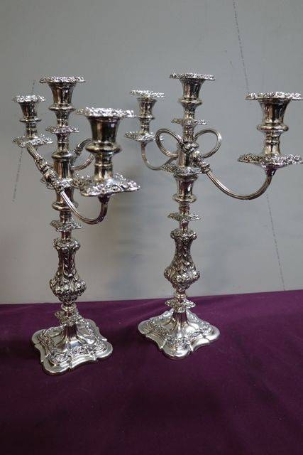 A Quality Pair Of Antique Silver Plated 3 Branch Candelabras 