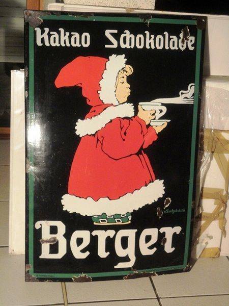 A Rare + Early Berger Chocolate Pictorial Enamel Sign