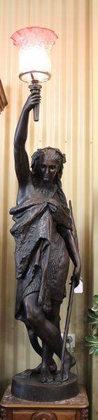 A Stunning And Large 20th Century Spelter Figure Lamp W Victorian Ruby Shade