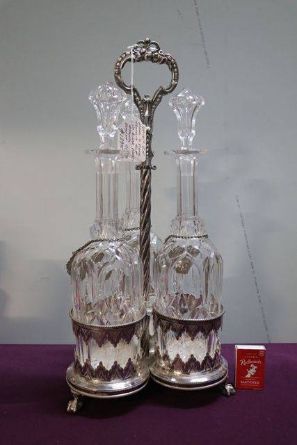 Antique Cut Glass 3 Pieces Tantalus Set In Silver Plated Stand 