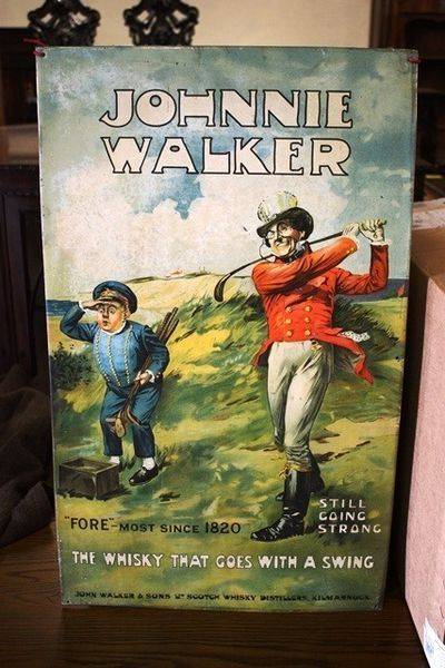 Antique Johnnie Walker Scotch Whisky Pictorial Tin Sign Arriving Nov
