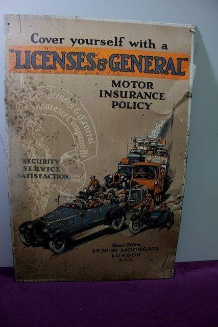 Antique Licenses + General Pictorial Tin Sign 