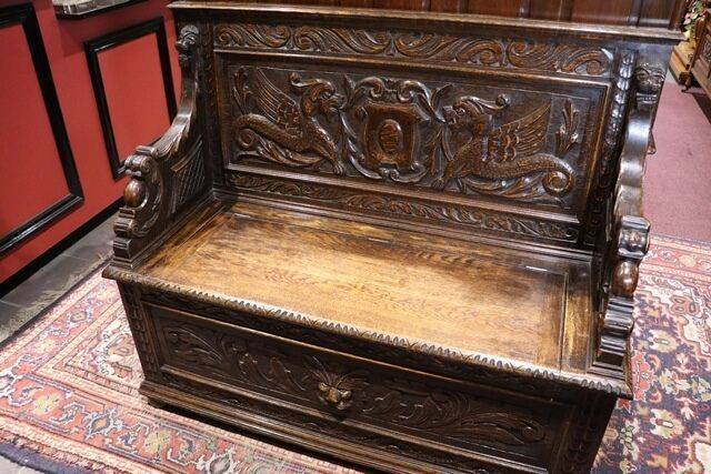 Antique Well Carved Oak Bench with a Lift Up Seat