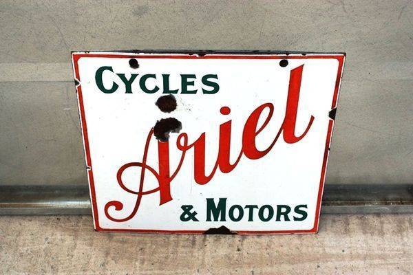 Ariel Cycles and Motors Double Sided Enamel Sign Arriving Nov