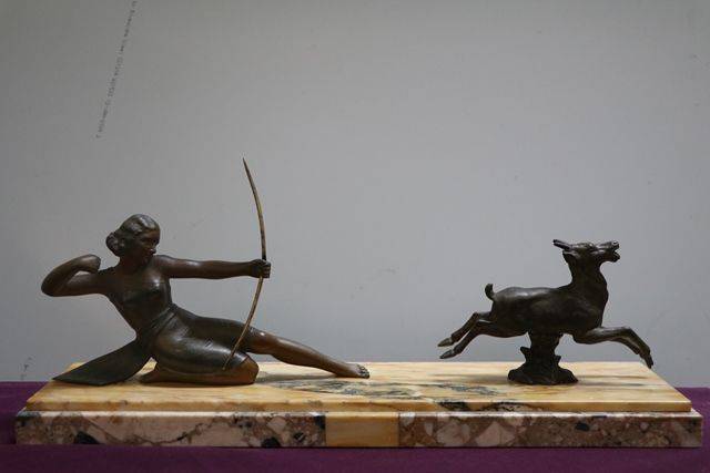Art Deco Spelter + Marble Group of Diana Two Hunters  