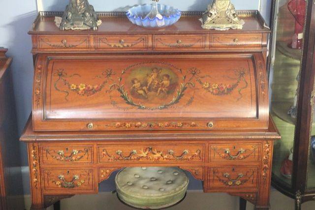 C19th Decorated Satinwood Clyinder  Desk Of Museum Quality  