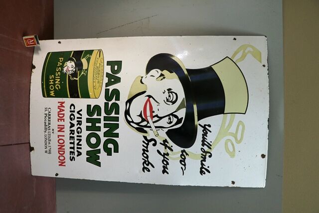 Classic Passing Show Virginia Cigarettes  Pictorial Enamel Sign 