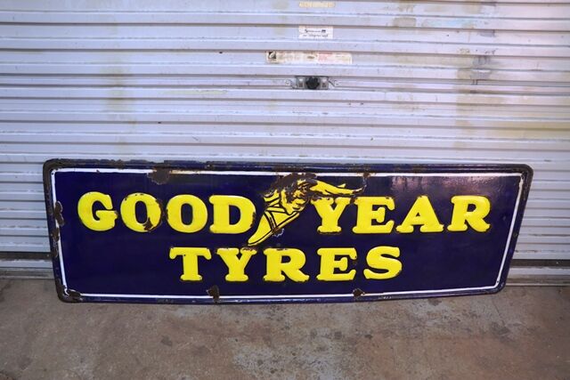 Early Good Year Tyres Embossed Rolled Edge Enamel Sign  