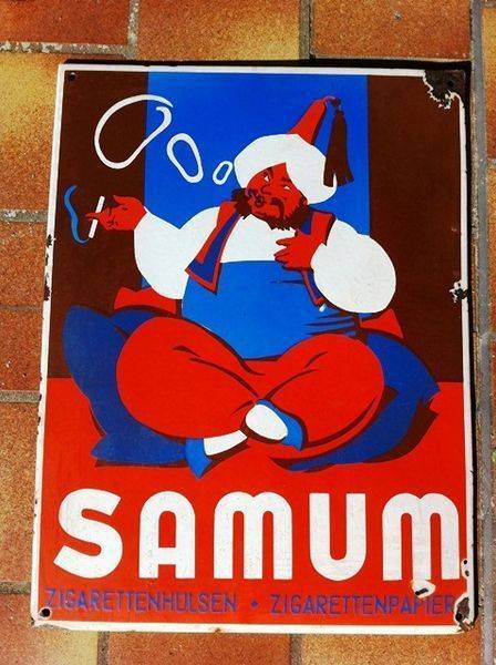 Early SAMUM Cigarette Paper Pictorial Advertising Enamel Sign 