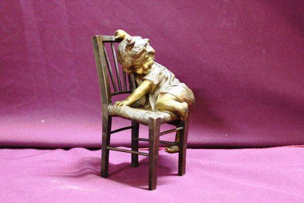 Genuine Juan Clara Bronze Figure Little Girl Climbing Chair Signed And Foundry Marked