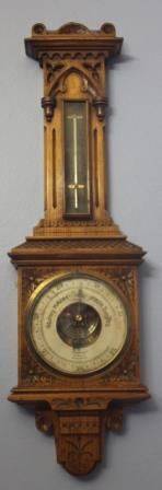Oak Carved Barometer with Thermometer