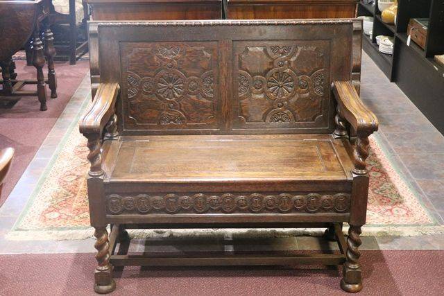 Early C20th Carved Oak Monks Bench Xxxx Antique Complex