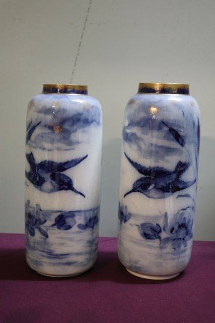 Pair Of Late 19th Century Flow Blue Bird Vases  