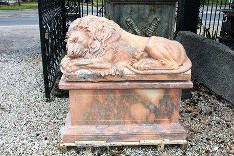 Pair of Large Tiger Eye Marble Sleeping Lions on Stands
