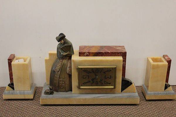 Quality Art Deco 3 Piece Clock Set With Bronze And Ivory Venetian Lady Figure   