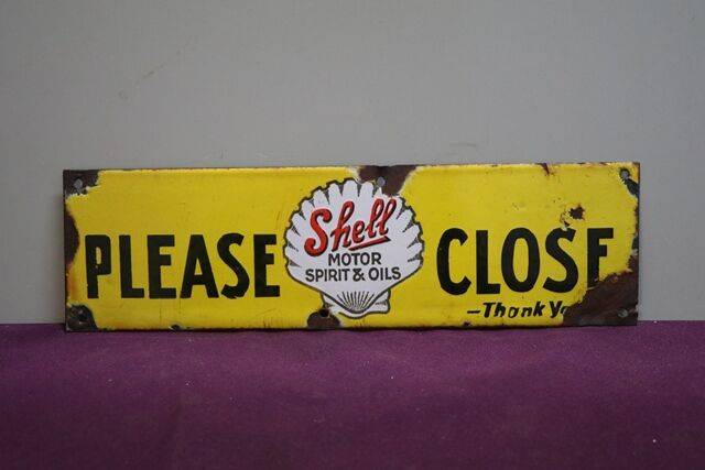 Shell Please Close Enamel Sign 