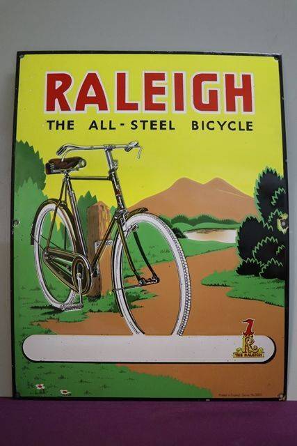 The Raleigh English Bicycles Pictorial Enamel Advertising Sign 