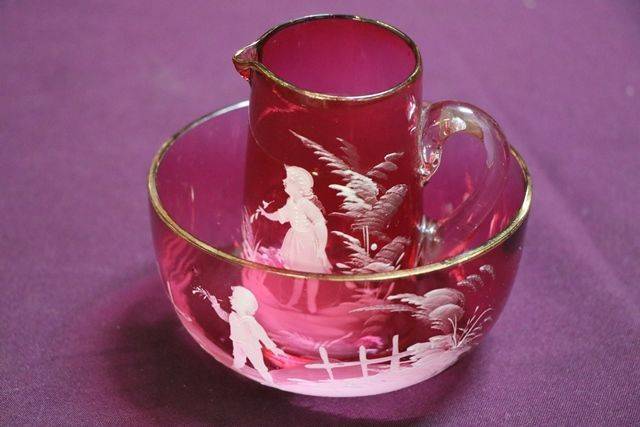 Victorian Green Mary Gregory Jug + Bowl 