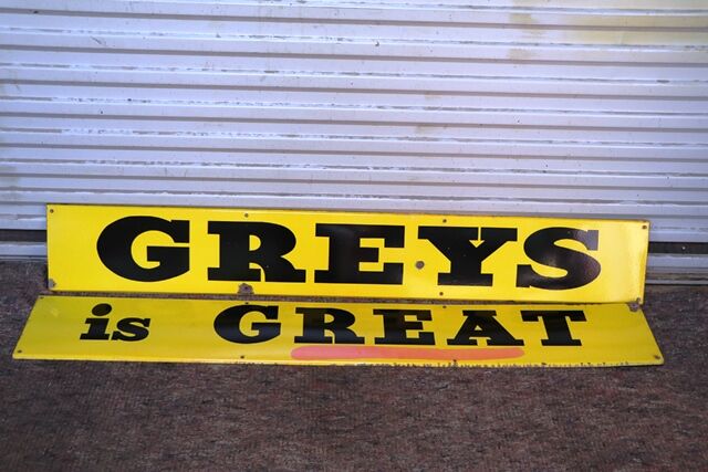 Vintage Greyand39s is Great 2 Piece Enamel Advertising Sign 