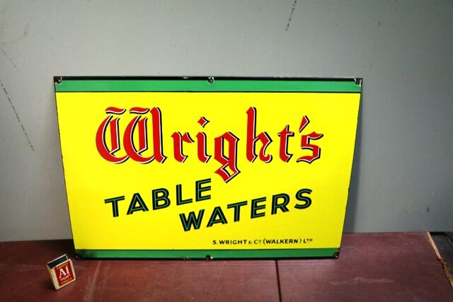 Vintage Wrights Table Waters Enamel Advertising Sign 