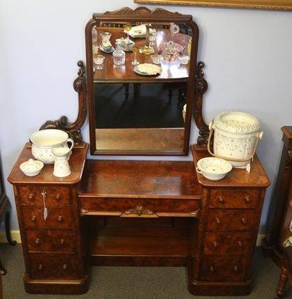 Wonderful English Burr Walnut Pedestal Dressing Table c1850