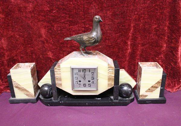  Art Deco French Spelter Marble and Onyx Clock Set
