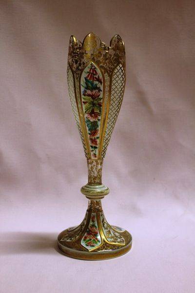 19th Century Bohemian Floral Painted and Gilt White Overlay Glass Vase