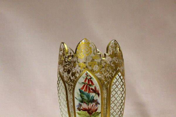 19th Century Bohemian Floral Painted and Gilt White Overlay Glass Vase