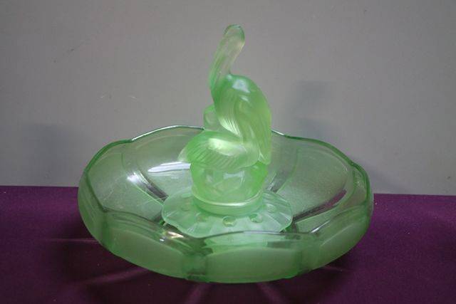 3 Pieces Art Deco Green Uranium Glass Pelican Float Bow