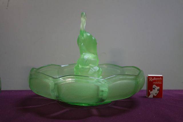 3 Pieces Art Deco Green Uranium Glass Pelican Float Bow