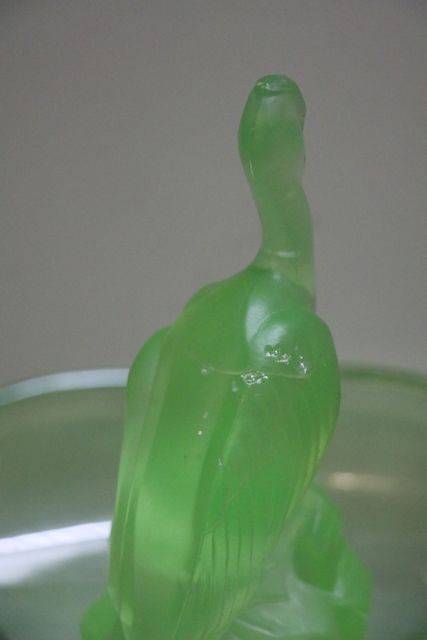 3 Pieces Art Deco Green Uranium Glass Pelican Float Bow