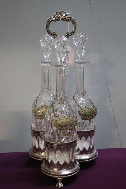 Antique Cut Glass 3 Pieces Tantalus Set In Silver Plated Stand 