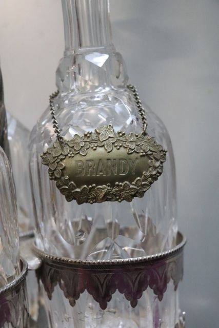 Antique Cut Glass 3 Pieces Tantalus Set In Silver Plated Stand 
