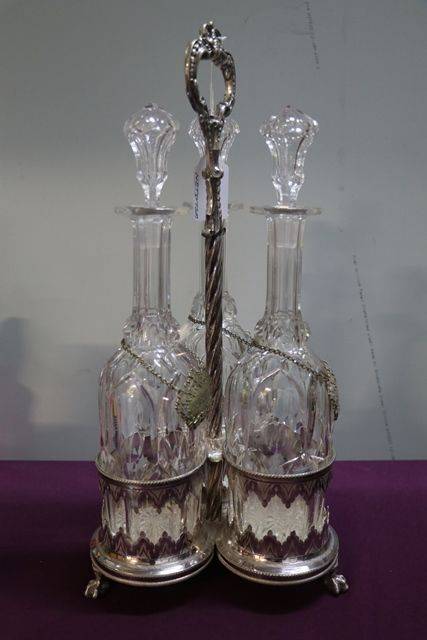 Antique Cut Glass 3 Pieces Tantalus Set In Silver Plated Stand 