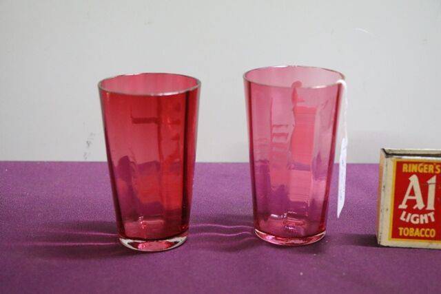 Antique Pair Of Ruby Glass Mary Gregory Tumblers  
