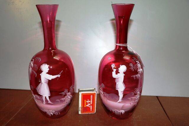 Antique Pair of Ruby Glass Mary Gregory Vases 