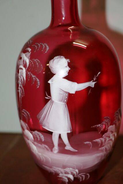 Antique Pair of Ruby Glass Mary Gregory Vases 