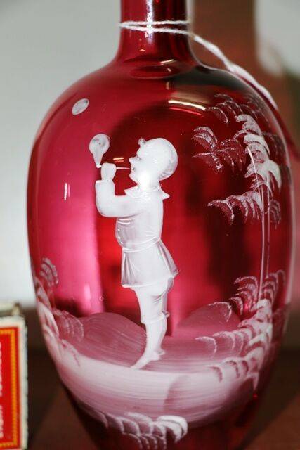 Antique Pair of Ruby Glass Mary Gregory Vases 