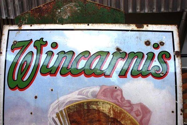 Antique Wincarnis Tonic Pictorial Enamel Sign Arriving Nov