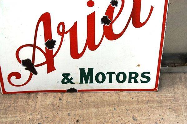 Ariel Cycles and Motors Double Sided Enamel Sign Arriving Nov
