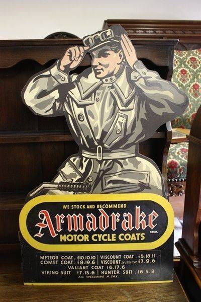 Armadrake Motor Cycle Coats Hard Board Sign Arriving Nov