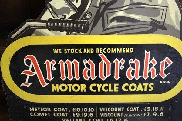 Armadrake Motor Cycle Coats Hard Board Sign Arriving Nov
