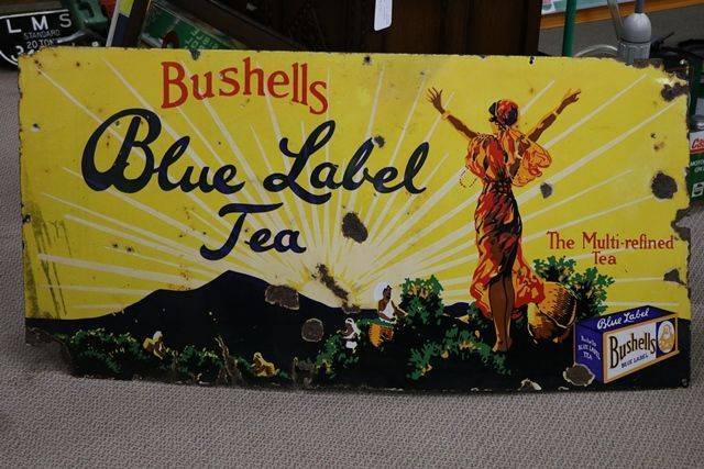 Bushells Blue Label Tea Pictorial Enamel Advertising Sign 