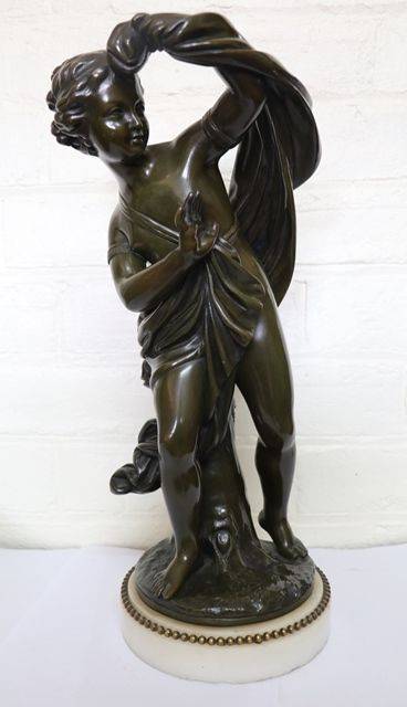 C1790  Pair Of French Bronze Figures On White Carrara Marble Stands 